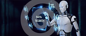 Cyber security data protection business technology privacy concept. 3d render.Robot pressing button on virtual screen Data