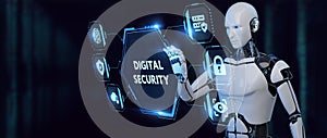 Cyber security data protection business technology privacy concept. 3d render.Robot pressing button on virtual screen Digital