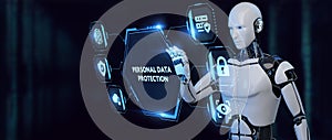 Cyber security data protection business technology privacy concept. 3d render.Robot pressing button on virtual screen Personal