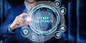 Cyber security data protection business technology privacy concept. Young businessman  select the icon Cyber insurance on the