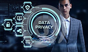 Cyber security data protection business technology privacy concept. Young businessman select the word Data privacy on the virtual