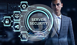 Cyber security data protection business technology privacy concept. Young businessman select the word Server security on the