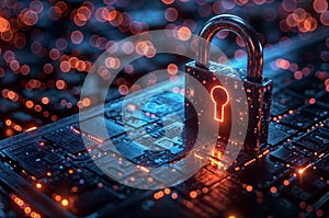 Cyber security and data protection concept. Padlock on computer circuit board