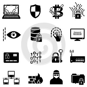 Cyber security, data protection, hacker and encryption web icons