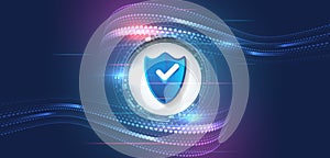 Cyber security and data protection. Shield icon, future technology for verification. Abstract high tech background. Data security