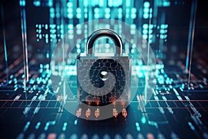 cyber security or data protection what you need to know, large padlock in an electronic network and blue digital backgro