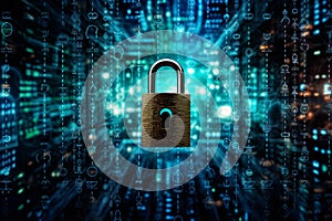 cyber security or data protection what you need to know, large padlock in an electronic network and blue digital backgro