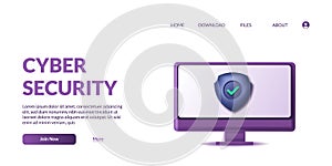 Cyber security desktop data privacy protection 3d shield cute color landing page template concept