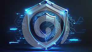 Cyber security digital data protection shield on blue background. Database security software development.Made with Generative AI