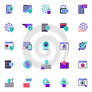 Cyber security elements collection, flat icons set