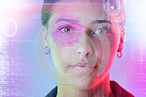Cyber security, face and eye of woman with biometric password in the metaverse, overlay and futuristic technology