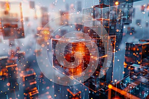 cyber security futuristic, dynamic data stream digital binary big data, and blockchain transactions.