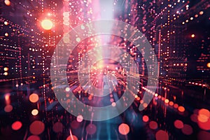 cyber security futuristic, dynamic data stream digital binary big data, and blockchain transactions.