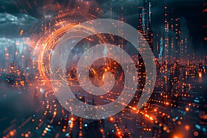 cyber security futuristic, dynamic data stream digital binary big data, and blockchain transactions.