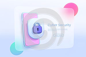 Cyber Security Glassmorphism in 3d style on light background. 3d glassmorphism for web background design. Vector