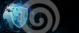 Cyber security and global protection concept with digital keyhole in blue shield on dark technological background with world map