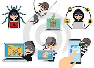 Cyber security hacker vector character set. Thief hacking computer stealing online password