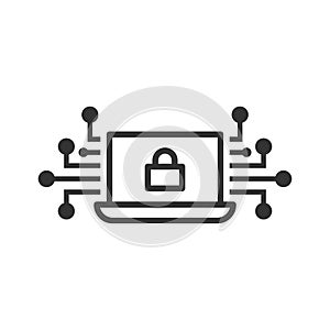 Cyber security icon in flat style. Padlock locked vector illustration on white isolated background. Laptop business concept