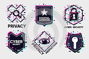 Cyber security icon set. Digital protection emblem set. Data safety vector signs.