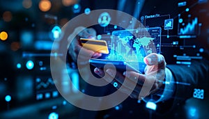 Futuristic Holographic Display with Hand Gesture Interaction and Glowing Interface