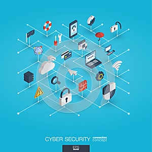 Cyber security integrated 3d web icons. Digital network isometric interact concept.