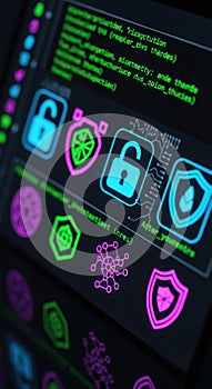 Cyber Security Interface with Digital Icons and Code
