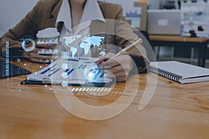 Cyber Security Internet And Networking Concept. Businessman Hand Working With laptop computer and Padlock Icon on screen. Digital