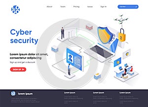 Cyber security isometric landing page. Internet privacy, password access, firewall software and identification isometry