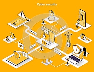 Cyber security isometric web banner. Protect personal data 3d scene design. Modern identification technologies, password