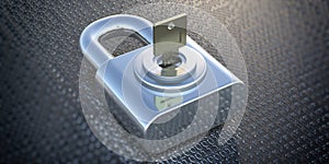 Cyber security. Key in a padlock, binary code background. 3d illustration