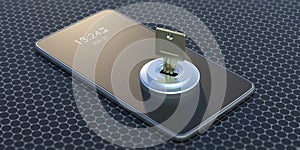 Cyber security. Key in a padlock on a smartphone. 3d illustration