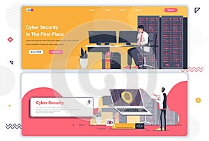 Cyber security landing pages set. Cybersecurity assistance and management corporate website. Flat vector illustration