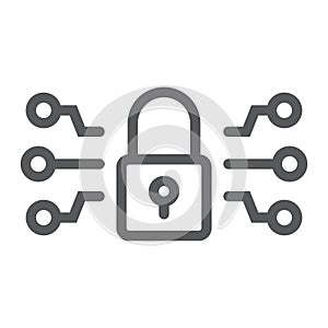 Cyber security line icon, technology and protection, padlock sign, vector graphics, a linear pattern on a white