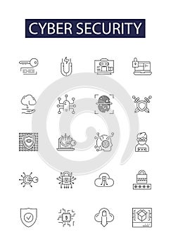 Cyber security line vector icons and signs. Cybercrime, Cryptography, Intrusion, Malware, Data Breach, VPN, Firewall