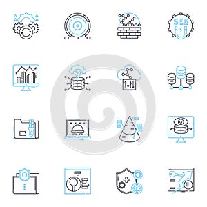 Cyber security linear icons set. Encryption, Firewall, Malware, Authentication, Intrusion, Phishing, Ransomware line