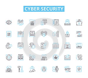 Cyber security linear icons set. Encryption, Firewall, Phishing, Malware, Cybercrime, Breach, Cyberattack line vector