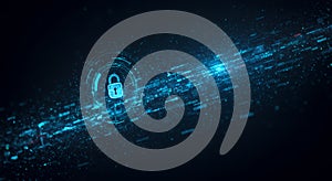 Cyber Security Lock Glowing with Data Stream Technology on Dark Background