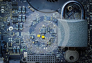 Cyber security lock. Security computer Data Internet protection with lock, key on microscheme chip. Hacker attack and