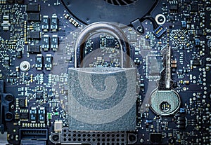 Cyber security lock. Security computer Data Internet protection with lock, key on microscheme chip. Hacker attack and