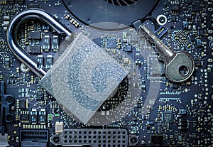 Cyber security lock. Security computer Data Internet protection with lock, key on microscheme chip. Hacker attack and