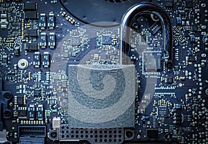 Cyber security lock. Security computer Data Internet protection with lock, key on microscheme chip. Hacker attack and data breach