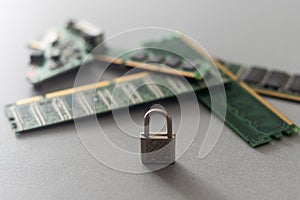 Cyber security lock. Security computer Data Internet protection with lock, key on microscheme chip. Hacker attack and