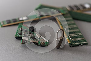 Cyber security lock. Security computer Data Internet protection with lock, key on microscheme chip. Hacker attack and