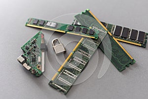 Cyber security lock. Security computer Data Internet protection with lock, key on microscheme chip. Hacker attack and