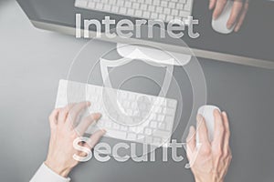 Cyber security lock. Security computer Data Internet protection symbol on blured keyboard background. Concept image of