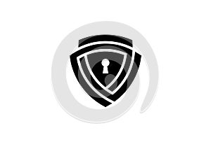 Cyber Security Minimal Symbol Design. Vector Logo Template. A database shield protection safe guard in a maze form with a key padl