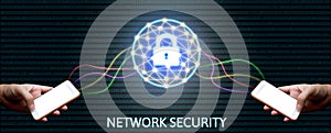 Cyber security network concept, man holding smartphone with lock