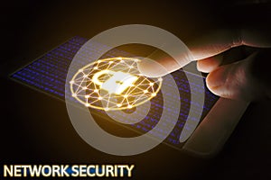 Cyber security network concept, Man using smartphone with lock