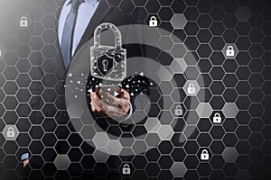 Cyber security network. Padlock icon and internet technology networking. Businessman protecting data personal information on