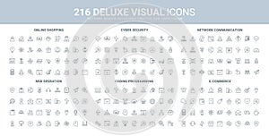 Cyber security of network and web services, online shopping and programming line icon set